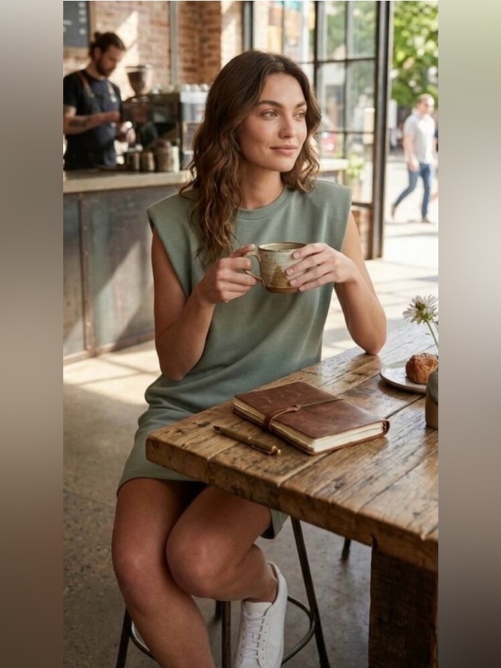 For Cynthia Sage Green Sleeveless T-Shirt Dress